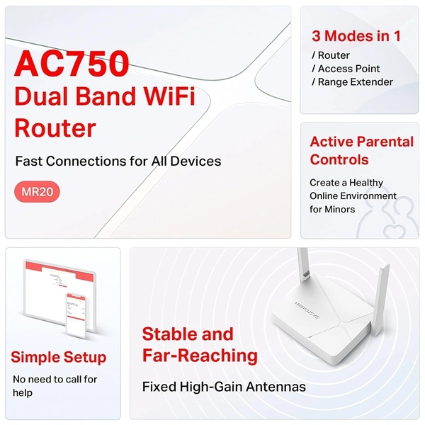 MERCUSYS Mercusys MR20 750 Mbps Wireless Dual Band Wi-Fi Router | AC750 Multi-Mode | 2 High Gain External Antennas | IPTV and IPv6 Supported - White