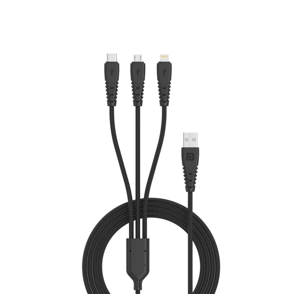 PORTRONICS Portronics Konnect A Trio 3-in-1 Multifunctional Cable 3.0A Total 1.5 m for Micro USB for iOS and Type C Mobile Phones (Black) - Black
