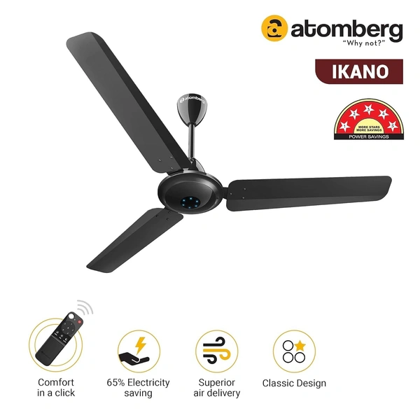 Atomberg atomberg Ikano 1200mm BLDC Ceiling Fan with Remote Control | BEE 5 star Rated Energy Efficient Ceiling Fan | High Air Delivery with LED Indicators | 2+1 Year Warranty (Gloss Black) - Gloss Black