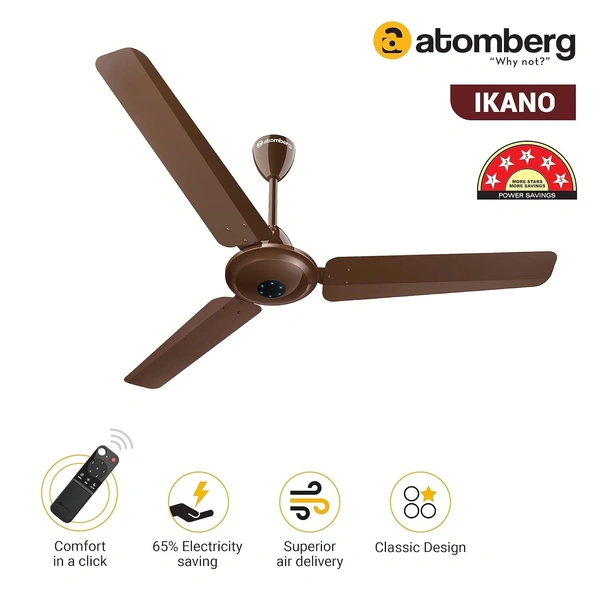 Atomberg atomberg Ikano 1200mm BLDC Ceiling Fan with Remote Control | BEE 5 star Rated Energy Efficient Ceiling Fan | High Air Delivery with LED Indicators | 2+1 Year Warranty (Gloss Brown) - Gloss Brown