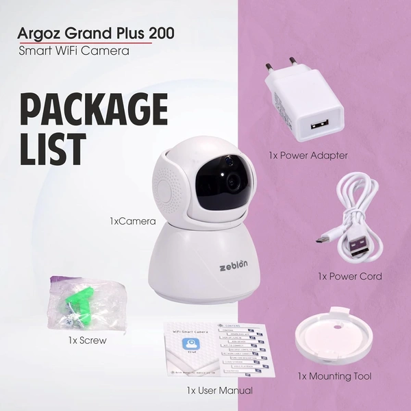Zebion ARGOZ Grand Plus 200 Full HD Wi-Fi Camera 360 Degree Rotation, 145 Degree Tilting, 64GB Memory Card Slot, Plastic Body,5V Adaptor, With Mini USB Cable mounting Bracket (White)