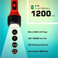 Spicelite  SPICELITE Delta 3W LED Rechargeable Torch| Reliable, and Built to Last with ABS Housing| USB Type-C Fast Charging| Bright Flashlight| Sharp Focus| Long Range Torch - Red