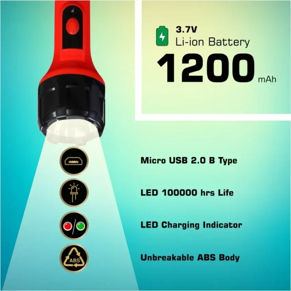 Spicelite  SPICELITE Delta 3W LED Rechargeable Torch| Reliable, and Built to Last with ABS Housing| USB Type-C Fast Charging| Bright Flashlight| Sharp Focus| Long Range Torch - Red