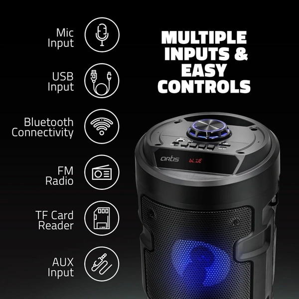 Artis MS301 Wireless Bluetooth Portable Party Speaker with RGB Glow Lights, Wired Mic, Remote Control, FM Radio & Aux in/USB/TF Card Reader Input | 20W RMS Output (Black)