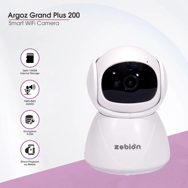 Zebion ARGOZ Grand Plus 200 Full HD Wi-Fi Camera 360 Degree Rotation, 145 Degree Tilting, 64GB Memory Card Slot, Plastic Body,5V Adaptor, With Mini USB Cable mounting Bracket (White)