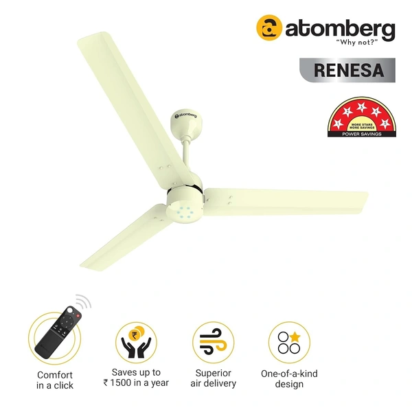 atomberg Renesa 1200mm BLDC Ceiling Fan with Remote Control | BEE 5 star Rated Energy Efficient Ceiling Fan | High Air Delivery with LED Indicators | 2+1 Year Warranty (Gloss Ivory) - Gloss Ivory