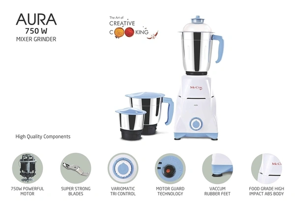 McCoy Aura 750-Watt Mixer Grinder with 3 Stainless Steel Jars (White & Blue)