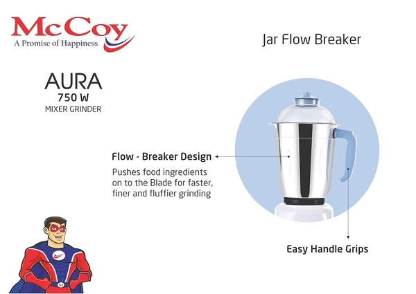 McCoy Aura 750-Watt Mixer Grinder with 3 Stainless Steel Jars (White & Blue)