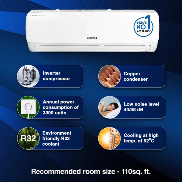 Voltas Vectra Elegant 1 Ton 3 Star, Inverter Split AC Copper, 4-in-1 Adjustable Mode, Anti-dust Filter (White)