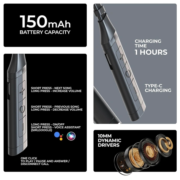 RD M-142 Bluetooth Wireless in Ear Neckband 10mm Drivers, Low Latency with Bluetooth v.5.1 EDR Chip for Gaming, 24 Hours Play Time, Type-C Fast Charging, 300 Hours Standby (Black)