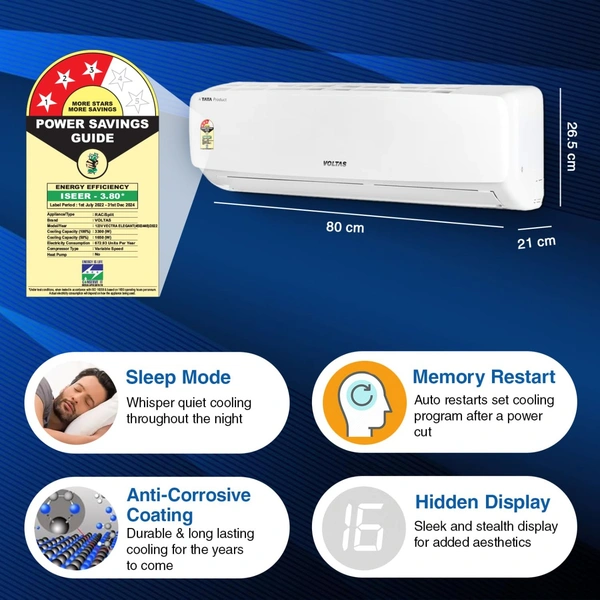Voltas Vectra Elegant 1 Ton 3 Star, Inverter Split AC Copper, 4-in-1 Adjustable Mode, Anti-dust Filter (White)