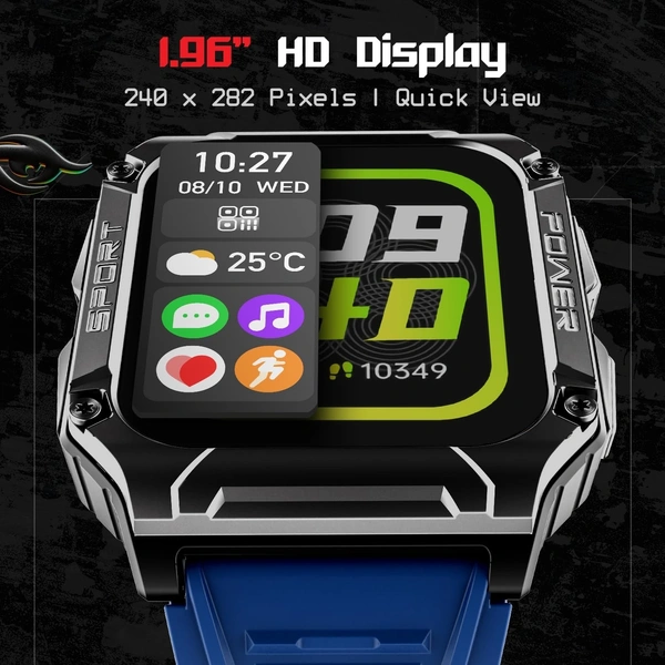 boAt WAVE ARMOUR 2 Smart Watch w/ 1.96" (4.9 cm) HD Display, BT Calling, Coins, Rugged Design,100+Watch Faces, Compass Feature, Big Box Speakers, HR&SPO2 and Stress Monitoring, IP68 (Dark Blue)