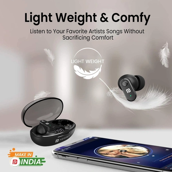 PORTRONICS  Portronics Harmonics Twins S16 in Ear Wireless TWS Earbuds with 24 Hrs Playtime, Clear Calls, Game & Music Mode, Low Latency, Bluetooth 5.3v, LED Display, Type C Fast Charging(Black)