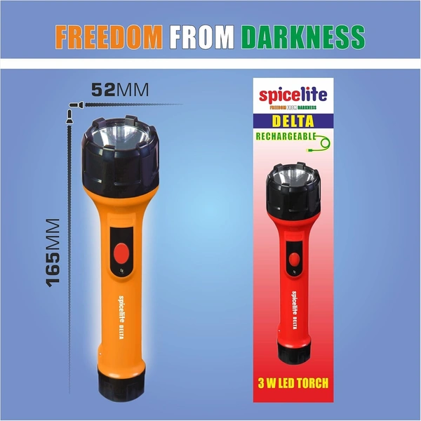 Spicelite  SPICELITE Delta 3W LED Rechargeable Torch| Reliable, and Built to Last with ABS Housing| USB Type-C Fast Charging| Bright Flashlight| Sharp Focus| Long Range Torch - Red