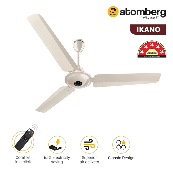 Atomberg atomberg Ikano 1200mm BLDC Ceiling Fan with Remote Control | BEE 5 star Rated Energy Efficient Ceiling Fan | High Air Delivery with LED Indicators | 2+1 Year Warranty (Gloss Ivory) - Gloss Ivory