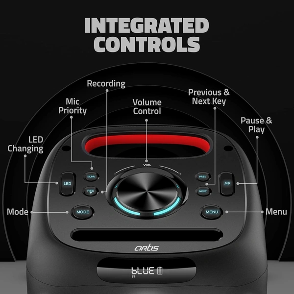 Artis  Artis SoundPro 100 60W TWS Portable 5.0 Bluetooth Party Speaker with 7 LED Colours/USB/TF Card/AUX Input/FM Radio/Wireless Mic & Wireless Remote (Black)