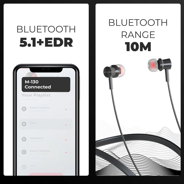 RD M-142 Bluetooth Wireless in Ear Neckband 10mm Drivers, Low Latency with Bluetooth v.5.1 EDR Chip for Gaming, 24 Hours Play Time, Type-C Fast Charging, 300 Hours Standby (Black)