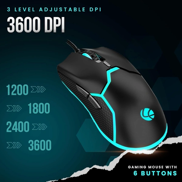 Lapcare LAPCARE Champ Razor LGM-204 |3600 DPI Optical Sensor Gaming Mouse with Rainbow Light | Marco 6G Keys | 5m Clicks | ABS Material | Optical Sensor| Rubber Oil + Laser Carving (Black)