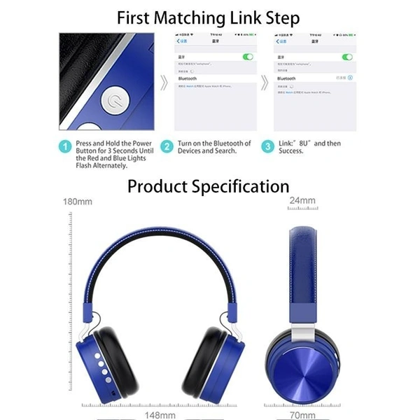 VEV SH-12 Wireless Bluetooth Headphones On Ear, Lightweight & Foldable.SD Card,TF, AUX, Supported (Blue) - Blue
