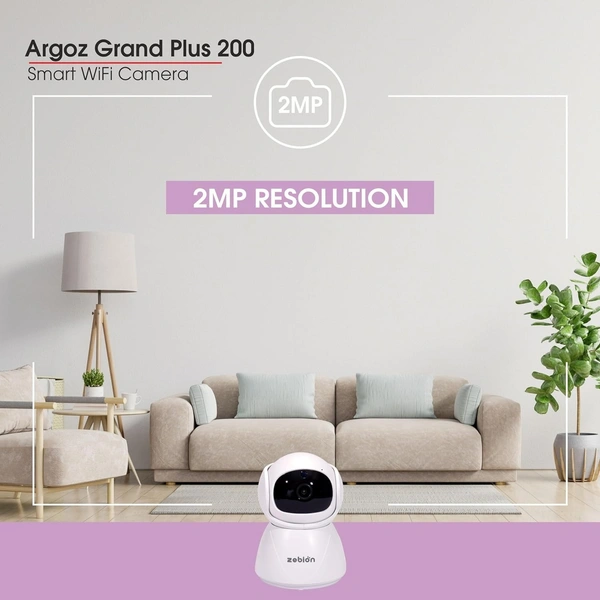 Zebion ARGOZ Grand Plus 200 Full HD Wi-Fi Camera 360 Degree Rotation, 145 Degree Tilting, 64GB Memory Card Slot, Plastic Body,5V Adaptor, With Mini USB Cable mounting Bracket (White)
