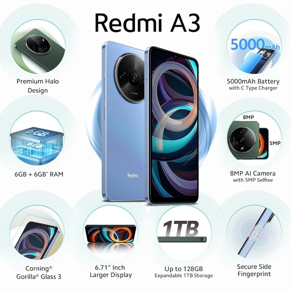 Redmi A3 | 4GB RAM 128GB Storage | Premium Halo Design | 90Hz Display (Lake Blue) - 4GB