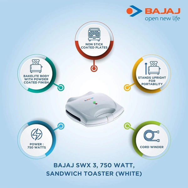 Bajaj Majesty New SWX-3, 2-Slice Sandwich Toaster (White)