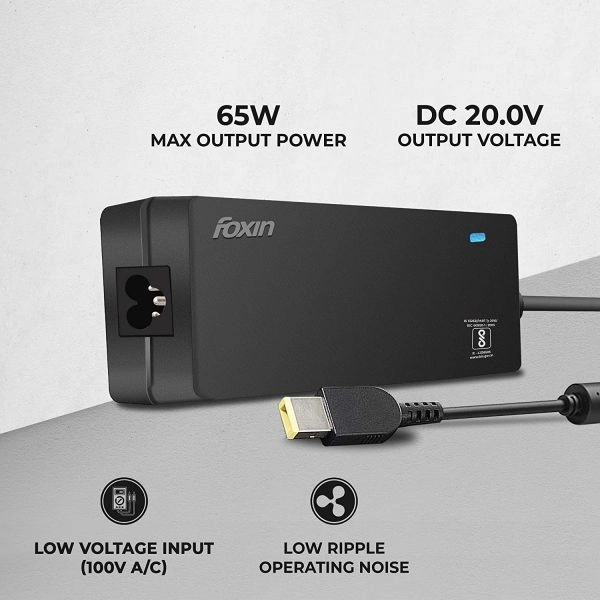 Foxin FLA65200LNYUSBN Laptop Adapter 65 Watt 20V 3.25A Yellow Pin Tip Color (Black)
