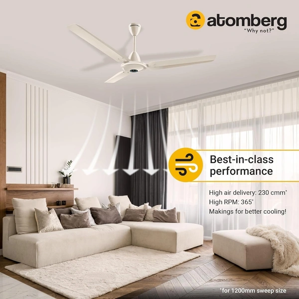 Atomberg atomberg Ikano 1200mm BLDC Ceiling Fan with Remote Control | BEE 5 star Rated Energy Efficient Ceiling Fan | High Air Delivery with LED Indicators | 2+1 Year Warranty (Gloss Ivory) - Gloss Ivory