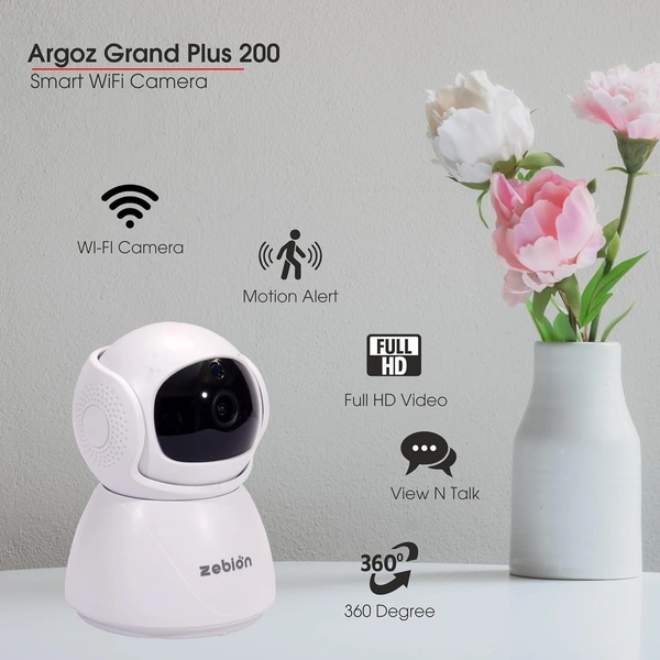 Zebion ARGOZ Grand Plus 200 Full HD Wi-Fi Camera 360 Degree Rotation, 145 Degree Tilting, 64GB Memory Card Slot, Plastic Body,5V Adaptor, With Mini USB Cable mounting Bracket (White)