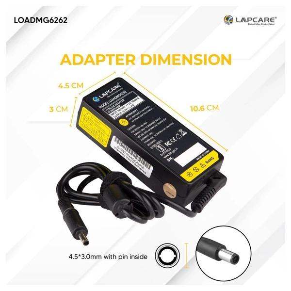 Lapcare LOADMG6262 Laptop Adapter for Dell 19.5V 3.34A 65 Watt (Black)