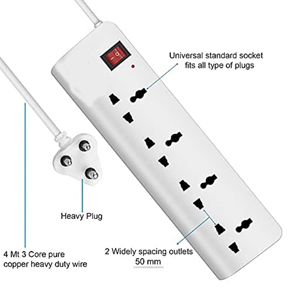 Shreyam SE-178 4 Way Extension | Switch With Indicator | 5 Meter Length (White)