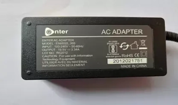 enter Enter DELL LAPTOP ADAPTER EN65SS_005 19.5V 3.34A 65 Watt Adapter (Black)