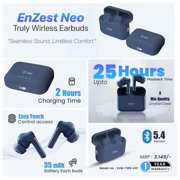 EVM EnZest Neo True Wireless Earbuds - 500mah Case Battery - 25Hrs Playtime - Voice & Touch Assistant (EVM-TWS-K12-Blue) - Blue