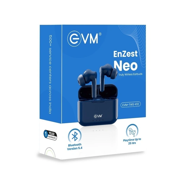 EVM EnZest Neo True Wireless Earbuds - 500mah Case Battery - 25Hrs Playtime - Voice & Touch Assistant (EVM-TWS-K12-Blue) - Blue