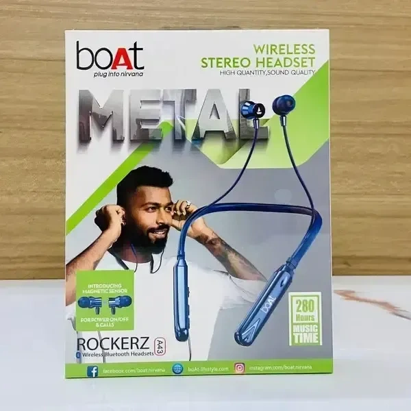 Boat (Copy) Boat Rockerz A43 Wireless Bluetooth Headsets Magnetic On Off Double Pecking Wireless Nackband 280Hrs Music Time, (Black) - Black