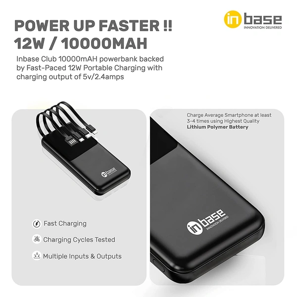 inbase Club Power Bank 10000mah Lithium Polymer Battery 12W Fast Power Delivery Charging 4 in 1 Inbuilt Cables (Black)