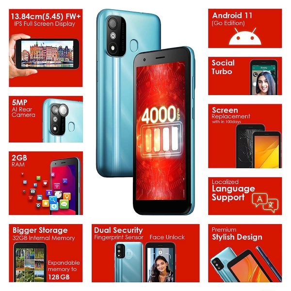 Itel itel A27 2GB PLUS 32GB | 4000mAh Battery | Fingerprint PLUS Face Unlock (Crystal Blue)