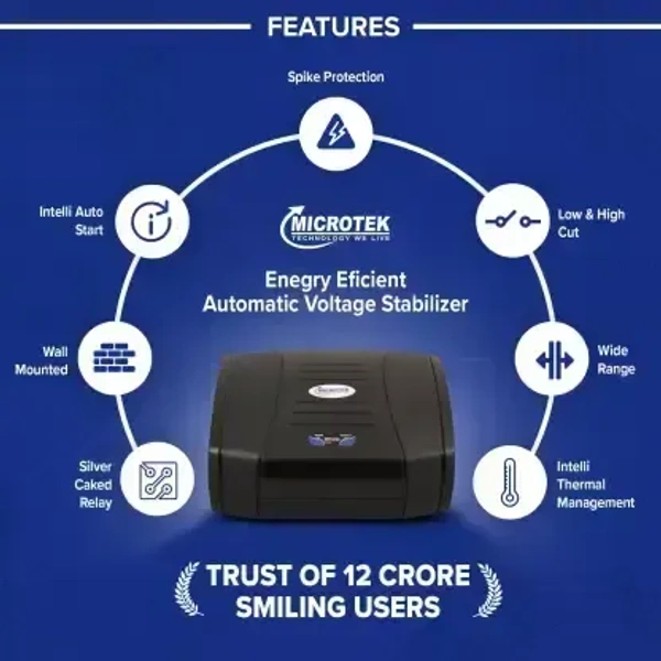 Microtek EMT 1390 Energy Efficient Automatic Voltage Stabilizer for LED TV 50", 55", 65" (Black)