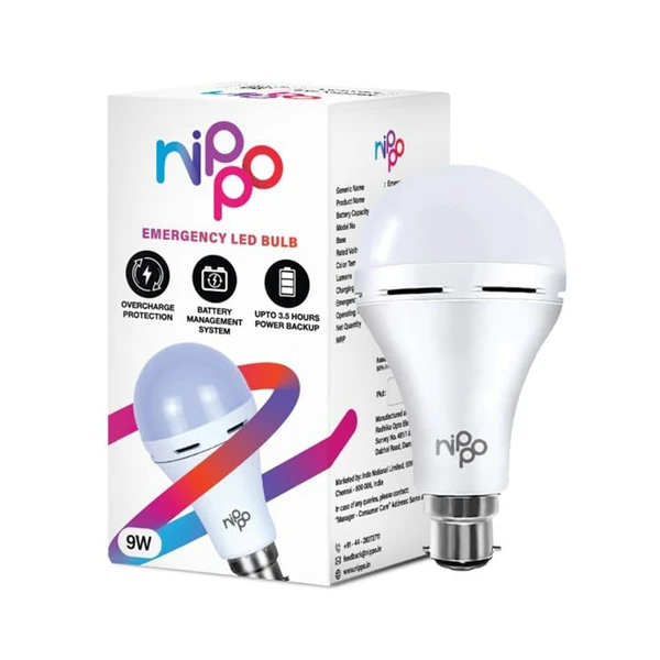 Nippo Rechargeable Emergency LED Bulb - 9W (Cool Day Light) Voltage Surge Protection