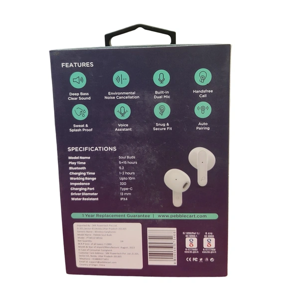 Pebble SOUL BUDS True Wireless Earpods | ENC with Dual Mic | Just making it crystal clear (White) - White
