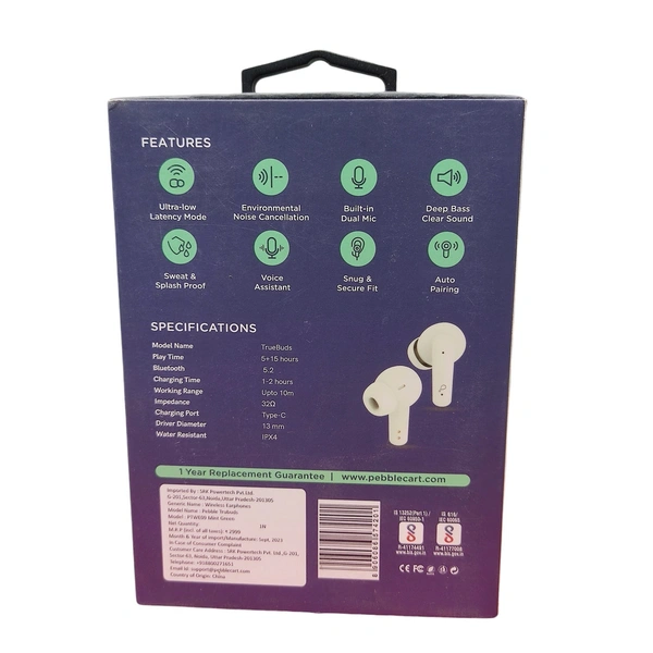 Pebble TRUBUDS True Wireless Earpods | ENC with Dual Mic | Just making it crystal clear (Black) - Mint Green