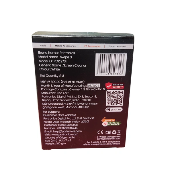 Portronics SWIPE 3 250 micron Microfiber Cloth| Refillable Container |Perfect for Screens, Camera Lens, Lenses (White)
