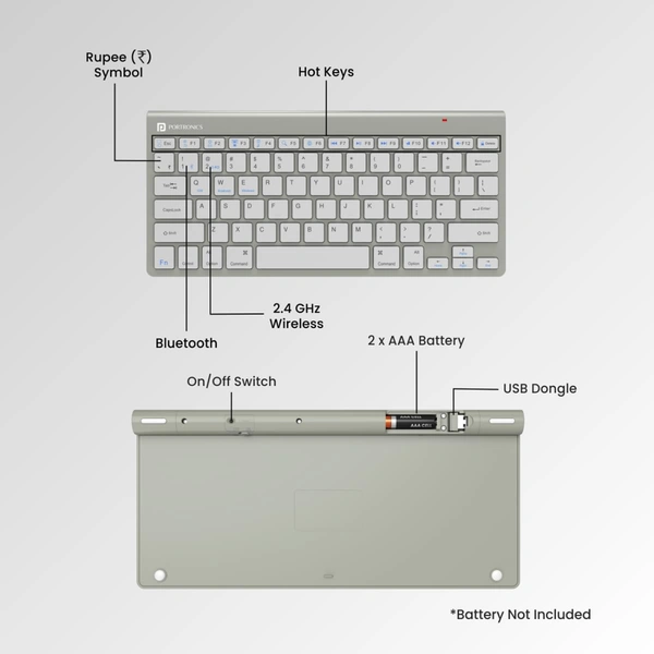 Portronics Bubble Max Wireless Keyboard with Bluetooth & 2.4 GHz Dual Connectivity, Noiseless Keys, Connect Upto 2 Devices, Spill-Resistant Compact Design (White)