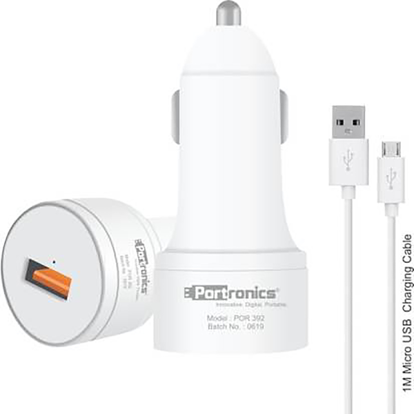 Portronics 3 amp Turbo Car Charger with USB Cable (White)