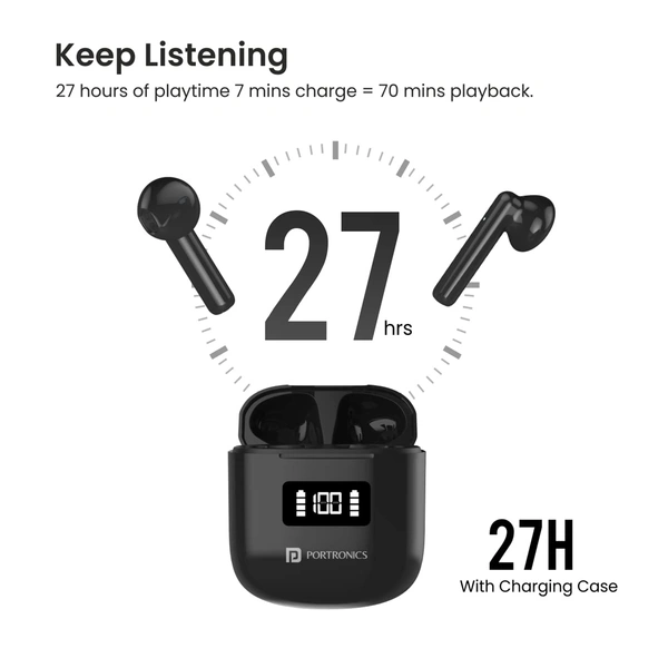 Portronics Harmonics Twins 26 TWS Earbuds with ENC, Bluetooth 5.1, 13mm Driver, 27Hrs Playtime, Digital Display, Type C Charging, Dual Mic.(Black)