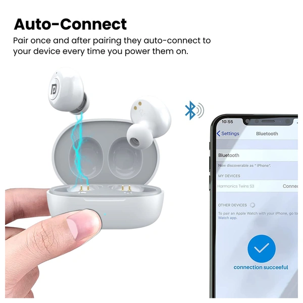Portronics Harmonics TWINS S3 Smart TWS Bluetooth 5.2 Earbuds with 20 Hrs Playtime, 8mm Drivers, Type C Charging, IPX4 Water Resistant, Low Latency, Lightweight Design(White)