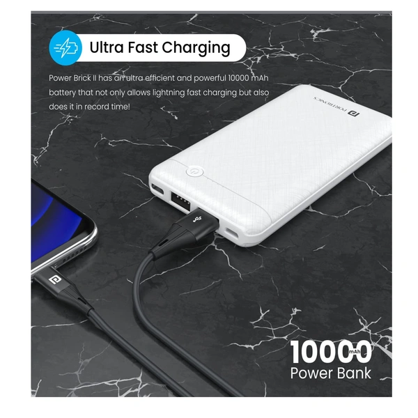 Portronics Power Brick II 10000 mAh, 2.4A 12w Slim Power Bank with Dual USB Output Port for iPhone, Anrdoid & Other Devices (White)