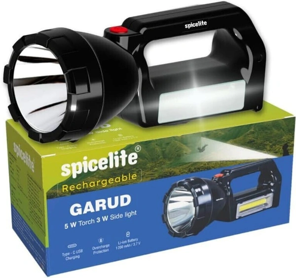 Spicelite Garud Rechargeable LED Torch | 4-Hour Runtime | 1200mAh Battery | Type-C Fast Charging | 5W Main + 3W Side LED Emergency Tourch
