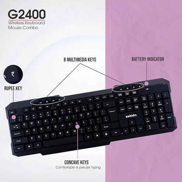 ZEBION G2400 Wireless Keyboard Mouse Combo with Nano Receiver, Slim, Elegant and Ergonomic chiclet Design, Tested with Over 1 Million keystrokes and clicks (Black)