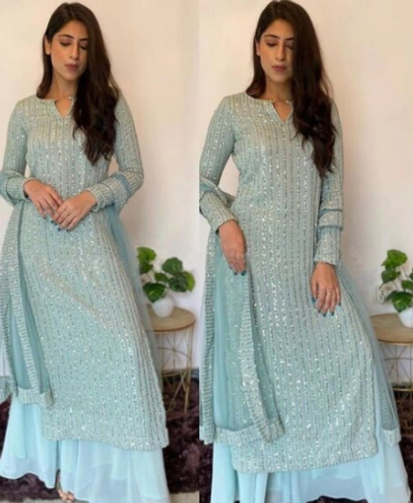 CHARVI FAB Fox Georgette with sequence Work Plazzo Suit Black  - blue, semi stitched